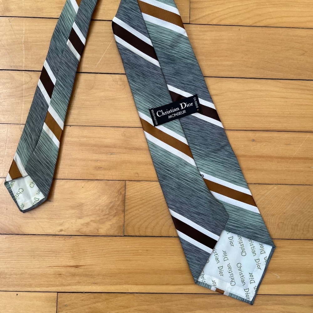 Christian Dior Monsieur Mens Vintage Striped Necktie Blue Green Brown